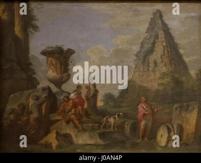 Il dipinto di Giovanni Paolo Pannini "Ruines Antiques avec la pyramide de Caius Cestius" raffigura antiche rovine con la piramide di Cestius, che mostra il fascino dell'antichità classica nel XVIII secolo. Foto Stock