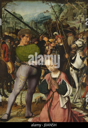 Il dipinto di Jan Provoost «De kruisiging en het leven van de heilige Catharina van Alexandrië» raffigura la crocifissione e la vita di Santa Caterina d'Alessandria. Questa opera religiosa, dipinta all'inizio del XVI secolo, illustra scene di martirio e devozione religiosa. Foto Stock