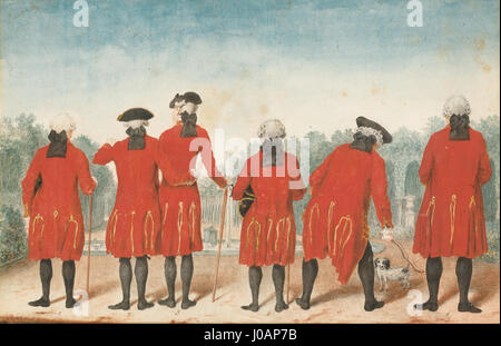 I gentiluomini del duca d’Orléans, un disegno di Carmontelle, un artista francese del XVIII secolo, che presenta i gentiluomini del duca d’Orléans nell’abito di Saint-Cloud, con figure identificate tra cui Monsieur le Chevalier de Gasq, Mr le Marquis de Perigny e altri, tutti gentiluomini di Monseigneur le Duc d’Orléans, nonno del duca. Foto Stock