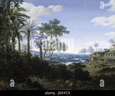 "Engenho de Açúcar" di Frans Post raffigura una scena di zuccherifici in Brasile. Il dipinto mostra il processo di produzione dello zucchero, fornendo uno sguardo dettagliato sull'economia coloniale del tempo. Il lavoro di Post cattura il vibrante paesaggio e la vita quotidiana durante il XVII secolo. Foto Stock