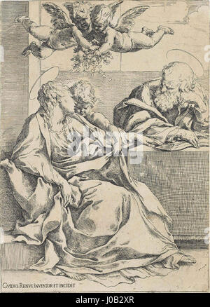 "La Sacra famiglia" è un dipinto di Simone Cantarini, creato secondo lo stile di Guido reni. L'opera raffigura la Vergine Maria, Giuseppe e il bambino Gesù, sottolineando l'adattamento di Cantarini dello stile barocco reni, caratterizzato da figure aggraziate e tavolozze di colori tenui. Foto Stock