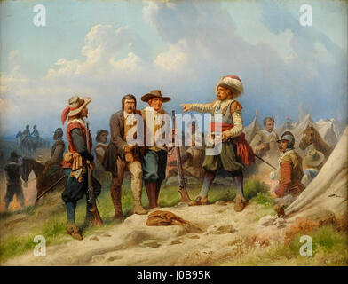 *Szene aus dem 30jährigen Krieg* di Christian Sell raffigura un momento drammatico della Guerra dei Trent'anni. Questo dipinto tedesco mostra l'intensità della guerra, illustrando i soldati e la devastazione del conflitto, tipico dell'impatto della guerra sulla società europea nel XVII secolo. Foto Stock