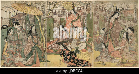 'Taiko Gosai Rakuto Yuzan no Zu' è una stampa a blocchi di legno dell'artista giapponese Utamaro, creata intorno al 1802-1804. La stampa raffigura una scena dal racconto dell'Heike, concentrandosi su una nobildonna e un'atmosfera di corte durante il periodo Edo. Foto Stock