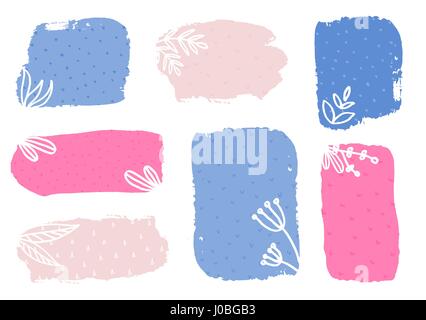 Un set di disegnato a mano le insegne colorate di bianco con decorazioni floreali, isolato su sfondo bianco. Illustrazione Vettoriale