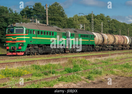 Treno merci con carri cisterna in movimento nella foresta Foto Stock