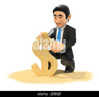 3d business persone illustrazione. Imprenditore rendendo simbolo del dollaro con spiaggia di sabbia. Isolato sullo sfondo bianco. Foto Stock