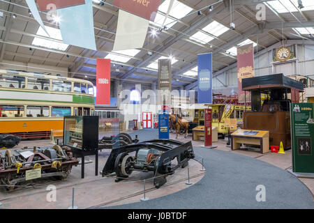 Great Exhibition Hall at the National Tramway Museum, Crich Tramway Village, nr Matlock, Derbyshire, England, UK Foto Stock
