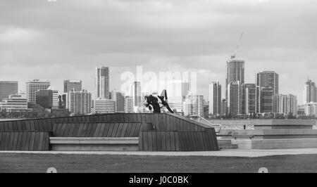 Coppia danzante a sud del fiume Swan con lo skyline della città di Perth in background, Australia occidentale. Foto Stock