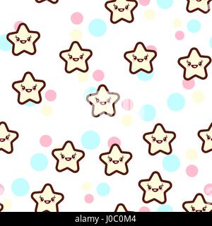 Illustrazione Vettoriale della cute stelle con le facce buffe seamless pattern. Trendy Kawaii emoticon per stampa su t-shirt, corpo unico dono per i bambini Illustrazione Vettoriale