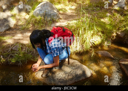 Giovane donna, escursionismo, accovacciato su roccia accanto a flusso, Cape Town, Sud Africa Foto Stock