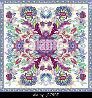 Bella tovaglia etnici Indiani fiori. Bellissimo ornamento del vettore. Scheda, bandana stampa, fazzoletto, design igienico. Luminose colorate modello ornati in wh Illustrazione Vettoriale