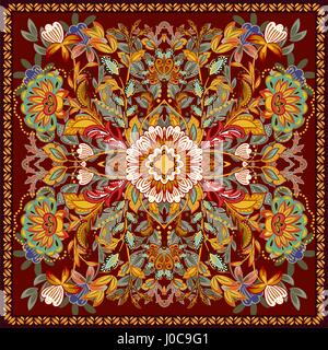 Bella tovaglia etnici Indiani fiori. Bellissimo ornamento del vettore. Scheda, bandana stampa, fazzoletto, design igienico. Arancio luminoso verde rosso patte ornati Illustrazione Vettoriale