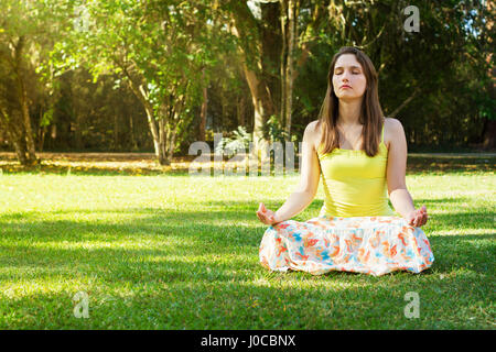 La donna a praticare lo yoga nel parco. Foto Stock