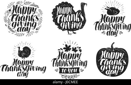 Felice ringraziamento, set di etichette. Holiday icone o simboli. Lettering, illustrazione vettoriale Illustrazione Vettoriale