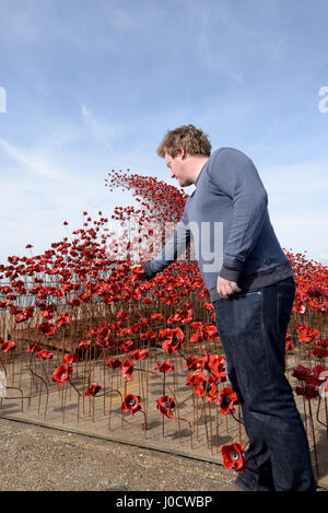 "Poppies: Wave" è una delle due sezioni dell'installazione artistica "Blood Swept Lands and Seas of Red". L'artista dell'opera - Paul Cummins - ha aperto oggi la sezione Wave su Barge Pier a Shoeburyness, Essex, Regno Unito Foto Stock