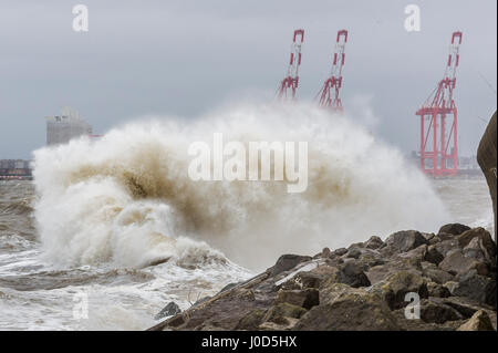 New Brighton, Wirral, Regno Unito. Xii Apr, 2017. Basse temperature e venti forti hit Merseyside. È prevista pioggia per il weekend di Pasqua. Credito: Paolo Warburton/Alamy Live News Foto Stock