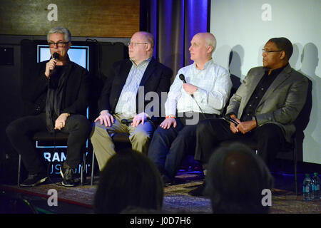 Los Angeles, Stati Uniti d'America. Xi Apr, 2017. Gregg campi, Loren Schoenberd, Scott Yanow e Darryl Porter assiste una conversazione sulla storica salato archivio di raccolta dotata di rare registrazioni da Count Basie e altri grandi al Grammy Museo sul 11 aprile Foto Stock