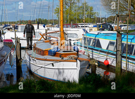 Uomo sulla barca a vela, Oulton Broad, Suffolk, Inghilterra, Regno Unito Foto Stock