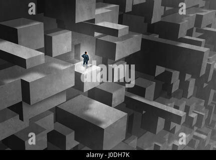Sfida aziendale concetto come persa e imprenditore intrecciati in un complicato labirinto astratto come una metafora per la complicazione di carriera. Foto Stock