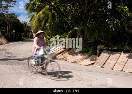 Orizzontale di street view di riso tradizionale carta di essiccazione al sole sul ciglio della strada in Vietnam. Foto Stock