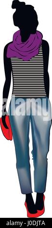 Carino moda ragazza alla moda da indossare jeans pantaloni e sciarpa Illustrazione Vettoriale