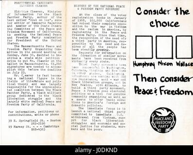 Una guerra del Vietnam era il foglietto dalla pace e libertà partito che difende i cittadini che uniscono la loro libera circolazione al fine di mettere il loro candidato per il ballottaggio presidenziale e stabilire a livello nazionale di terze parti e con informazioni circa il loro candidato e organizzazione, Massachusetts, 1967. Foto Stock