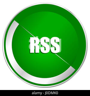 Rss silver bordo metallico verde icona web per le applicazioni mobili e internet. Foto Stock