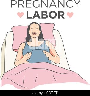 Donna incinta nel letto di un ospedale di esercizi di respirazione e di manodopera il dolore Illustrazione Vettoriale