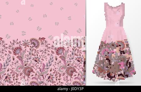 Senza cuciture verticali sullo sfondo di moda. Le donne del vestito mock up con fantasia di rosa fiori e farfalle. Seamless mano modello disegnato per i tessili, carta Illustrazione Vettoriale