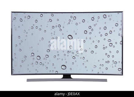 Grande TV a led con acqua goccia schermo isolato su sfondo bianco Foto Stock