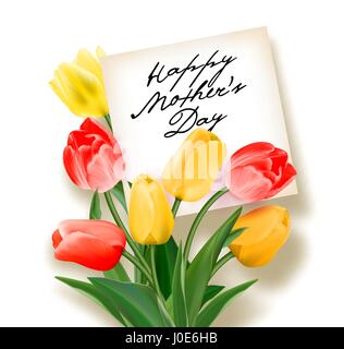 Bouquet di rosso e tulipani gialli con una nota all'interno e iscrizione felice festa della mamma. Biglietto di auguri per la festa della mamma. Vector realistico tulip fiori. Illustrazione Vettoriale