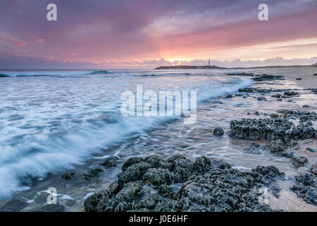 Ultime luci a Capo Trafalgar con le onde che si infrangono sulle rocce e faro di Trafalgar in background, Cadiz, Spagna Foto Stock