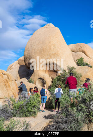 Le persone accanto al cranio Rock. Joshua Tree National Park, California, Stati Uniti d'America. Foto Stock