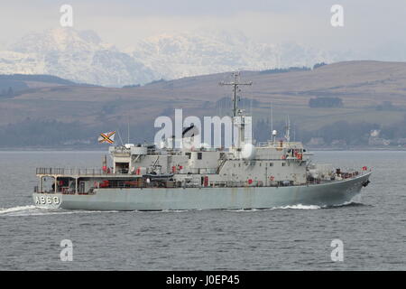 BNS Godetia (A960), una nave di supporto azionato dalla Marina Militare Belga, passando Gourock sul suo arrivo per esercitare congiuntamente il guerriero 17-1. Foto Stock