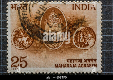 Maharaja Agrasen, francobollo, 25 paisa, 1976, India, Asia Foto Stock