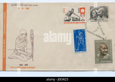Primo giorno la copertura di Gandhi centenario, francobolli, India, Asia Foto Stock