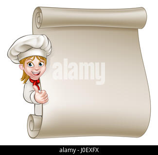 Cartoon donna chef o baker personaggio dando Thumbs up e spiata intorno a segno o di scorrimento del menu Foto Stock
