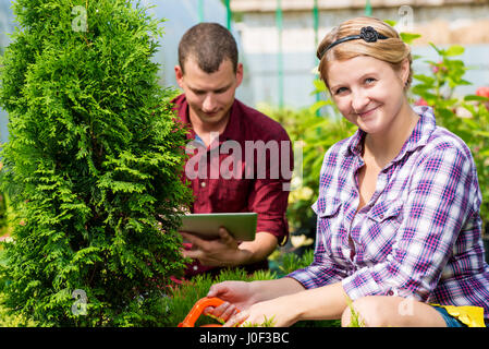 Un paio di giardinieri nel vivaio di prendersi cura di piante Foto Stock