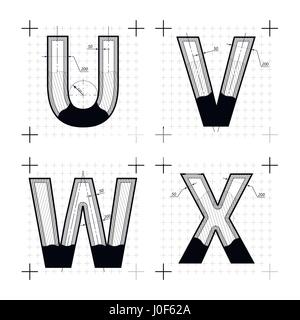 Bozzetti architettonici di U V W X lettere. Blueprint stile font sul bianco. Illustrazione Vettoriale