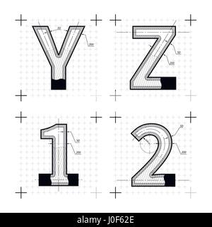 Bozzetti architettonici di Y Z 1 2 lettere. Blueprint stile font sul bianco. Illustrazione Vettoriale