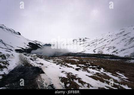 Un pennacchio di vapore sorge dalle sorgenti calde geotermali di Reykjadalur, un famoso sentiero escursionistico nelle montagne vicino a Reykjavik, Islanda Foto Stock