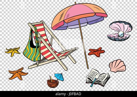 Set spiaggia turismo e tempo libero sul mare isolare. Fumetto illustrazione del fumetto pop art vettore rétro Illustrazione Vettoriale