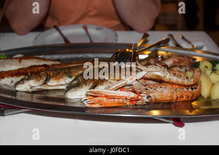Piatto di marino di branzino , i gamberi, pesce alla griglia con olio di oliva su un vassoio d'argento Foto Stock