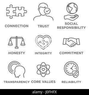 Business Ethics Icon Set con la responsabilità sociale, corporate valori core, affidabilità, trasparenza, ecc Illustrazione Vettoriale