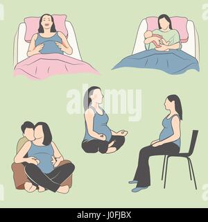 Donna incinta nel letto di un ospedale di esercizi di respirazione e di dolore del lavoro - la donna in un letto di ospedale tenendo il neonato figlio o figlia dopo la nascita Illustrazione Vettoriale