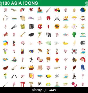 100 Asia set di icone, stile cartoon Illustrazione Vettoriale