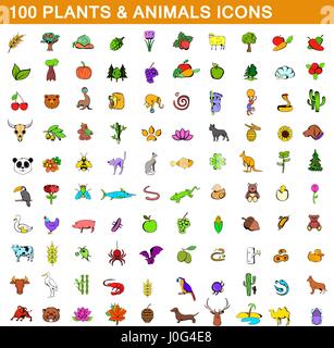 100 piante e animali set di icone, stile cartoon Illustrazione Vettoriale