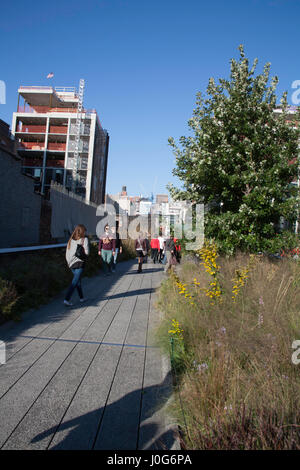 Per coloro che godono di passeggiare e rilassarsi lungo la linea alta acceso tra Chelsea e il Meatpacking District Manhattan New York City USA Foto Stock