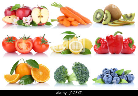 Frutta e verdura raccolta isolati orange apple bacche il peperone pomodori frutta fresca su sfondo bianco Foto Stock