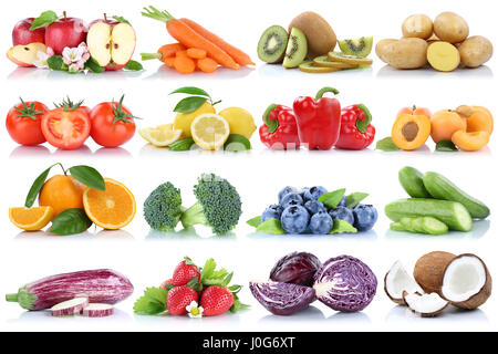 Frutta e verdura raccolta isolati orange apple bacche Fragole Pomodori Cetrioli frutta fresca su sfondo bianco Foto Stock